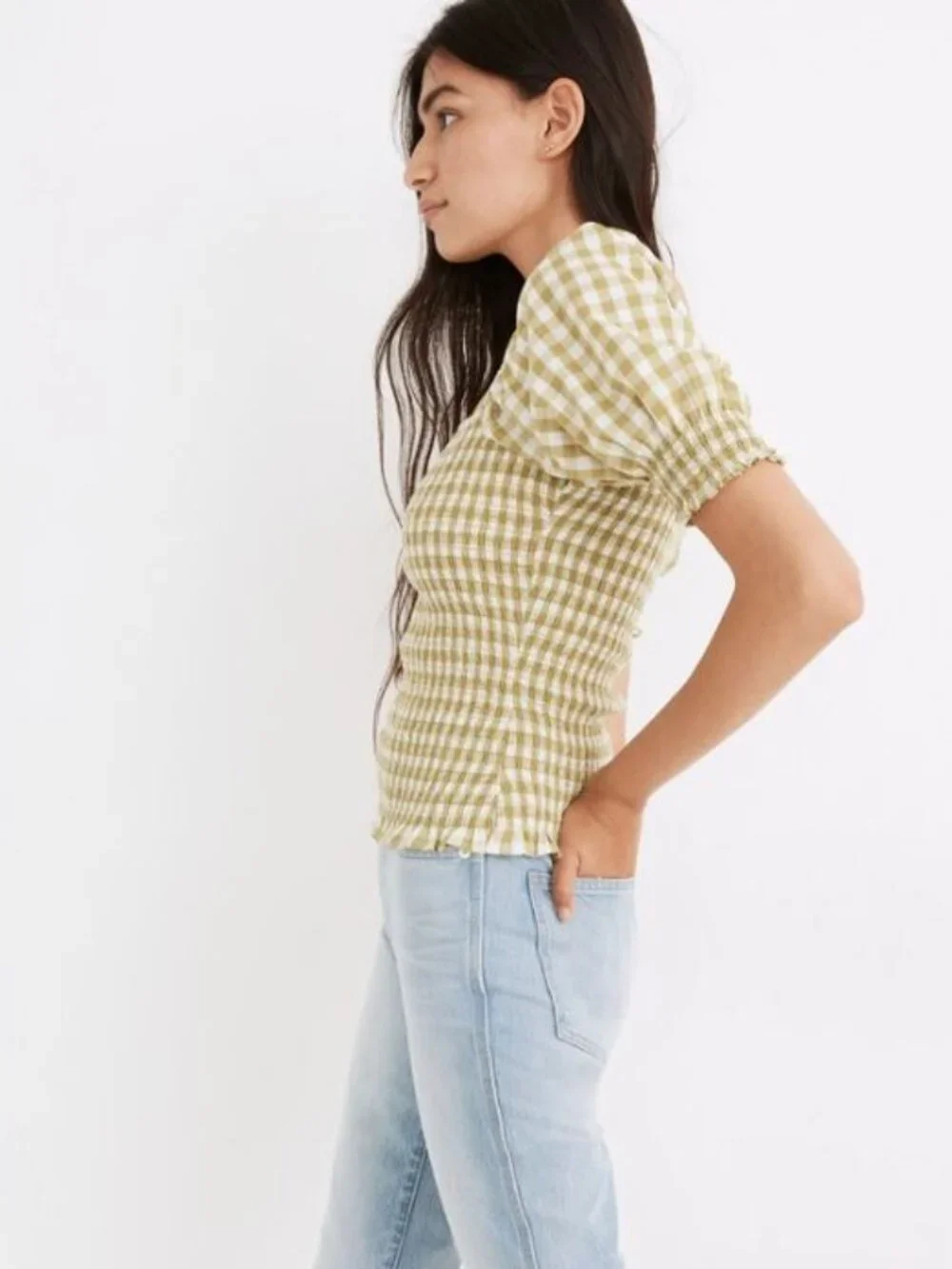 Madewell Lucie Puff-Sleeve Smocked Bodice Top in Gingham Check, Size XXS